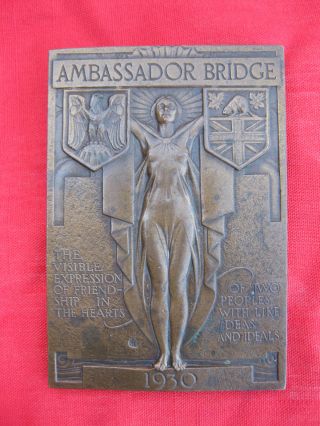 Vintage 1930 Commemorative Bronze Paper Weight Medal Ambassador Bridge Detroit photo