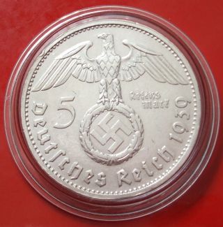 5 Mark 1939 B Reichsmark 90 Silver Capsuled 3rd Reich Germany Swastika Rare photo