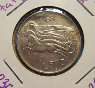 Italy 1961 (r) 500 Lira,  Italian Unification Centennial Silver Coin photo