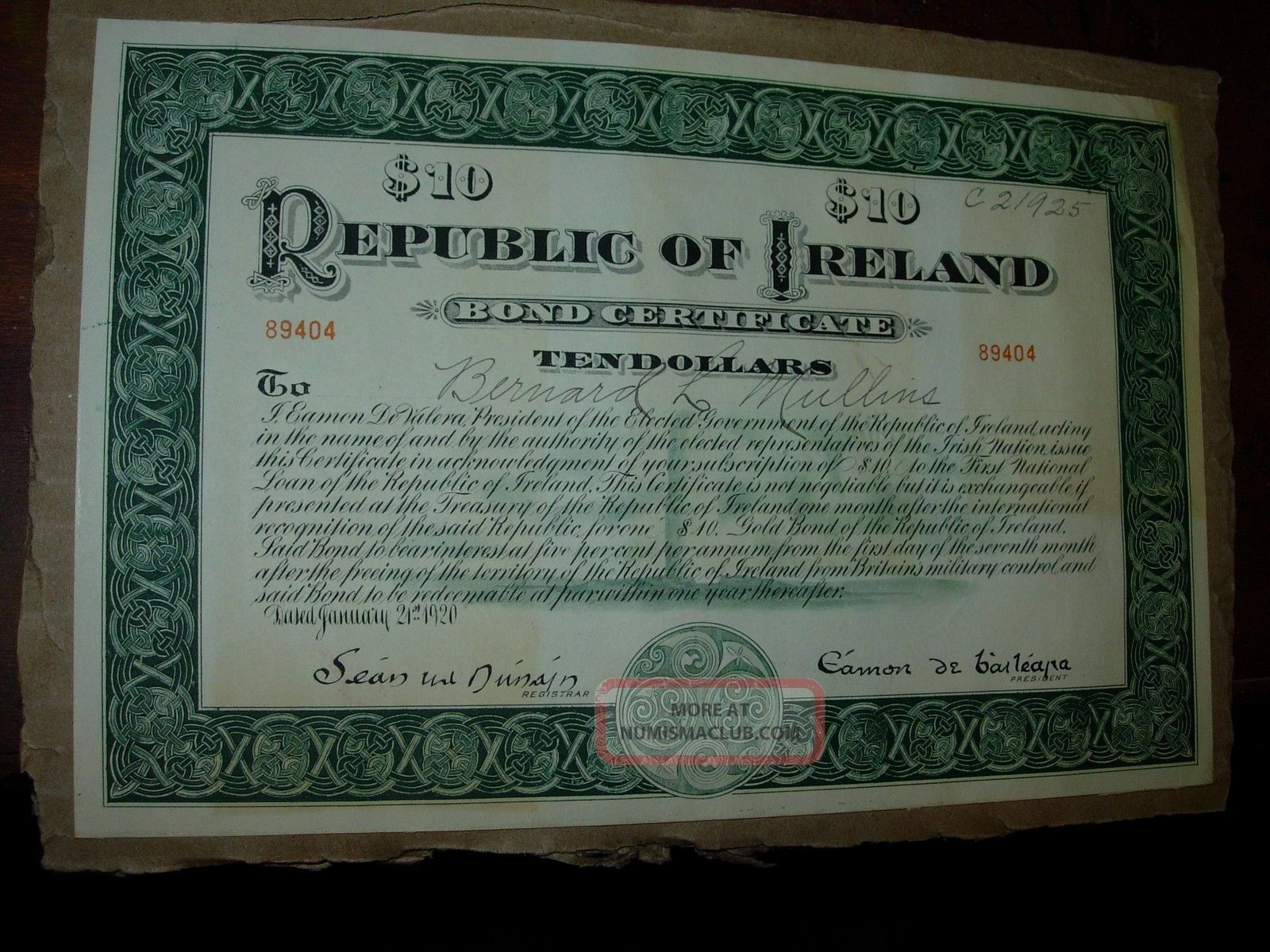Republic Of Ireland 1920 Gold Bond Certificate Stocks & Bonds, Scripophily photo