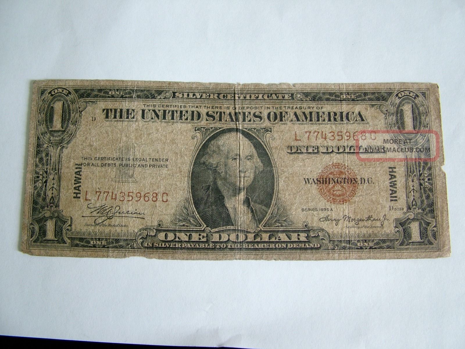 $1 1935 A Hawaii Silver Certificate Wwii Emergency Issue Dollar - Vg Details Small Size Notes photo