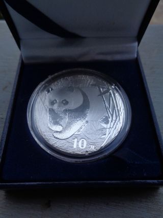 2002 China Silver Panda 10 Yuan.  999 Silver Coin In Capsule,  Box photo