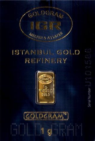 1 Gram.  999 Gold Bar In Assay Card Istanbul,  Turkey Gold Refinery photo