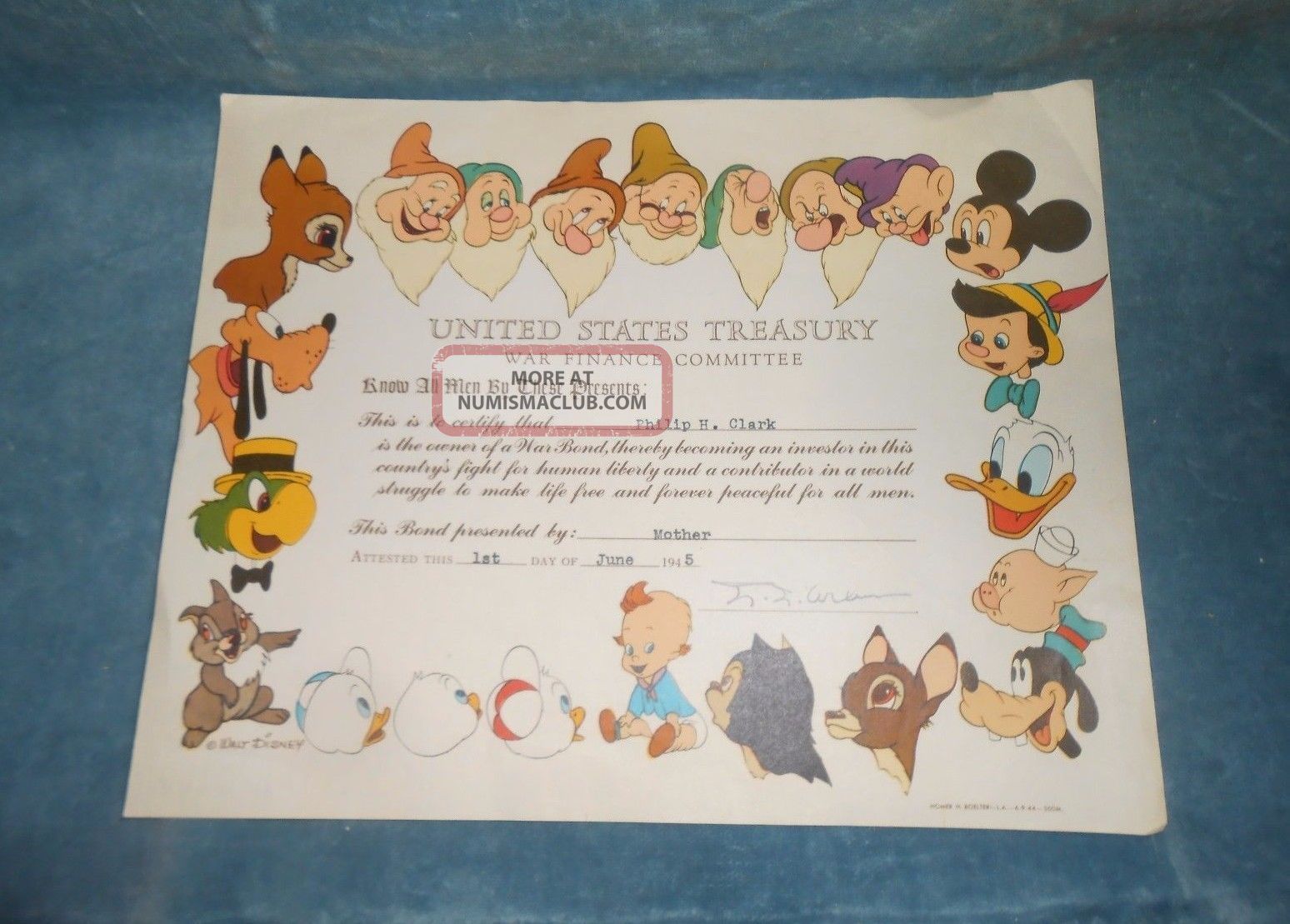 Us Treasury War Bond Disney Dated 06 - 01 - 45 Stocks & Bonds, Scripophily photo