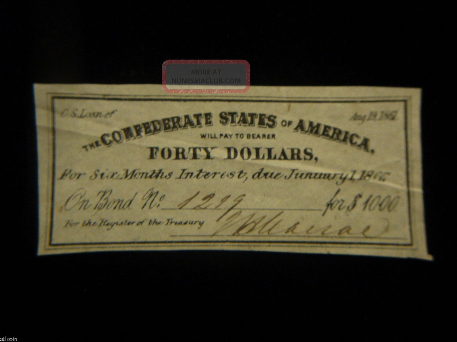 Authentic 1861 $40 Csa Loan Bond Certificate W/ Signature - Stocks & Bonds, Scripophily photo