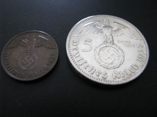 Silver 5 Reichsmark,  2 Reichspfennig 1937 A photo