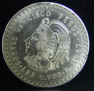 1947 Bu Cinco Pesos Mexican.  90 Silver Coin photo