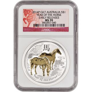 2014 - P Australia Silver ' Year Of The Horse ' (1 Oz) Gilt $1 - Ngc Ms70 Er photo