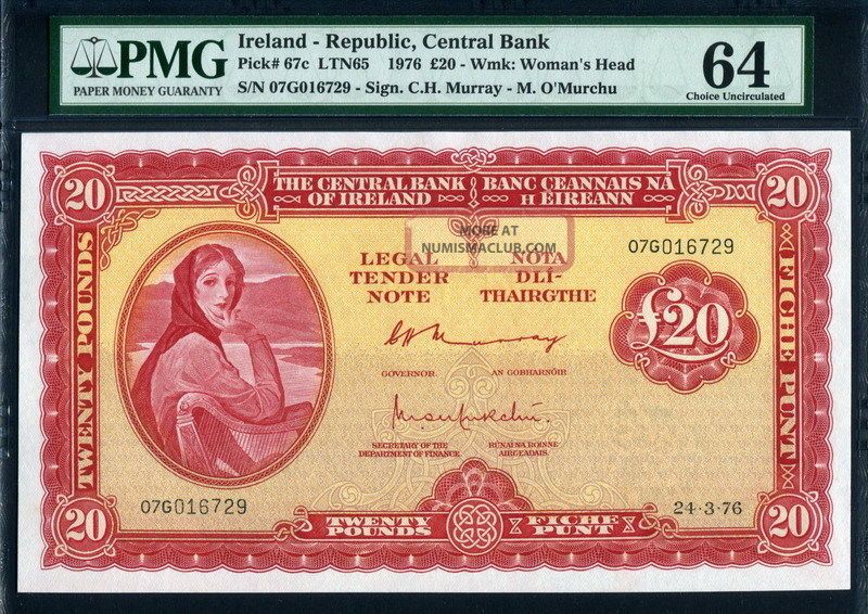 Ireland Republic 1976,  20 Pounds,  P67c,  Pmg 64 Unc Europe photo