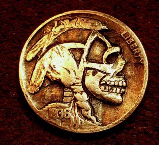 Hobo Nickel Skull / Zombie 1936 Buffalo Coin Hand Carved By Patrick Shanahan A9 photo