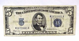 1934 C Five Dollar Silver Certificate Blue Seal (m 18720661 A) Pm169 photo
