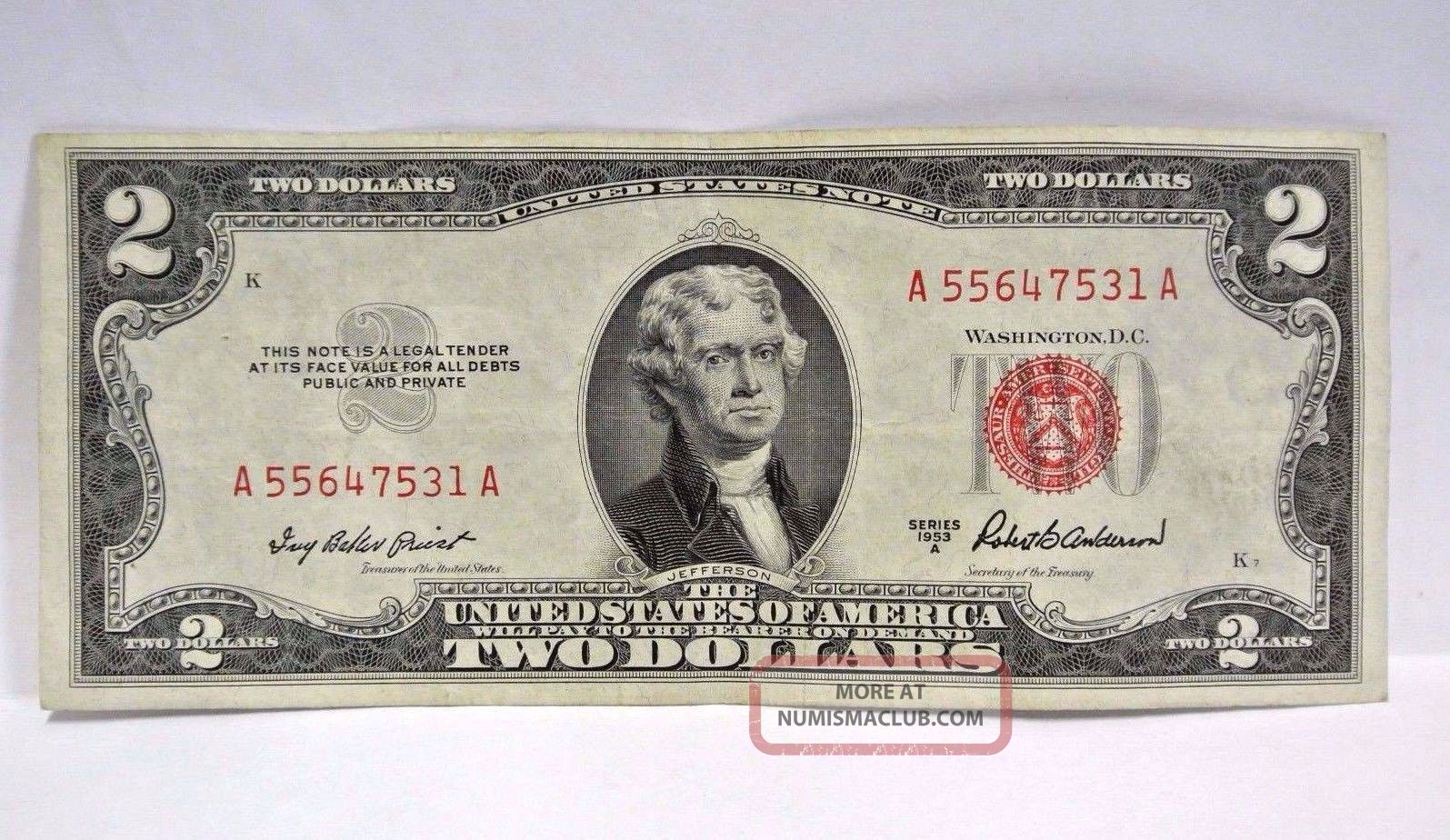 1953 A Two Dollar United States Note Red Seal (a 55647531 A) Pm77 Paper Money: US photo