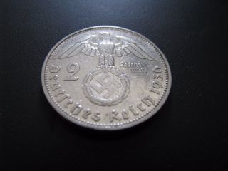 Rare Silver 2 Reichsmark 1936 G Paul Von Hindenburg photo