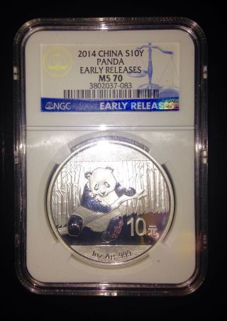 2014 China Pure Silver 0.  999 10 Y Early Releases Panda.  Ngc Certified Ms 70. photo