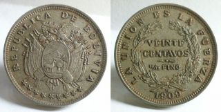 1909 - H Bolivia 20 Centavos Silver Coin photo