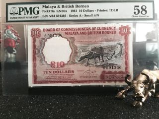Rare 1961 Malaya & British Borneo Buffalo $10 Note Tdlr Printer Pmg 58,  Pick 9a photo