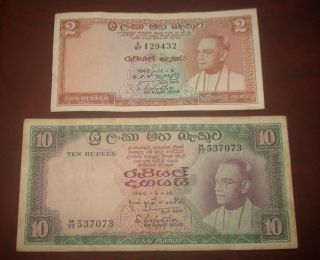 Ceylon/ Sri Lanka 2 & 10 Rupees (bandaranayake) 1962 & 1964 (xf & Vf) photo