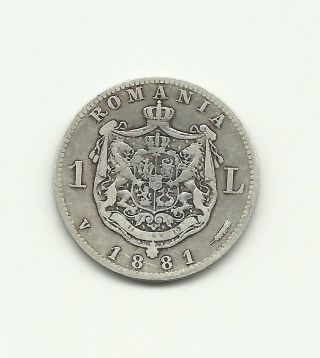 Romania Carol I 1 Leu 1881 Silver Coin Vf. photo