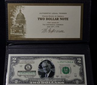 F.  D.  Roosevelt Pres.  $2 Two Dollar Bill U.  S.  Legal Tender World Reserve Monetary photo