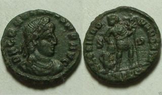 Gratian/367 Ad/chi - Rho Labarum/captive/siscia/vf/rare Ancient Roman Coin photo