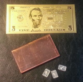 24k Gold $50 Frn, .  999 Fine Valcambi Silver Bullion, .  999 Fine 1/2 0z Copper Rnd photo