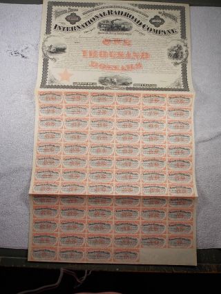 1871 International Railroad Company Texas $1000 Gold Bearing Bond W/ Coupons photo