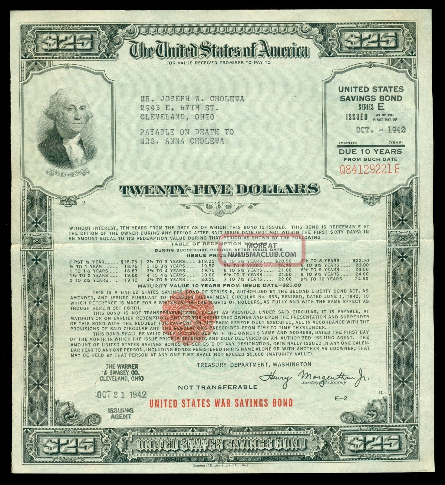 1942 Us 25 Dollars $25 E Series Wwii War Savings Bond Washington Cleveland Ohio Stocks & Bonds, Scripophily photo