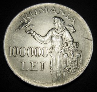 Romania 100000 Lei 1946 Silver Coin Km 71 Crown Size (a1) photo
