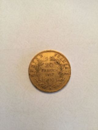 1857 20 Franc French Gold Coin,  Twenty Francs France photo