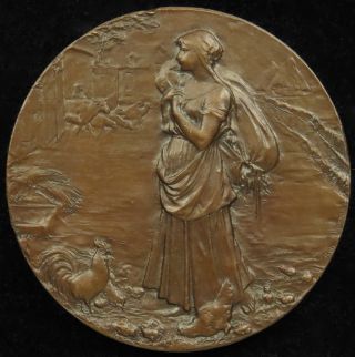 1888 French Art Nouveau Agricultural Medal Oscar Roty Farm Girl Copper 2 