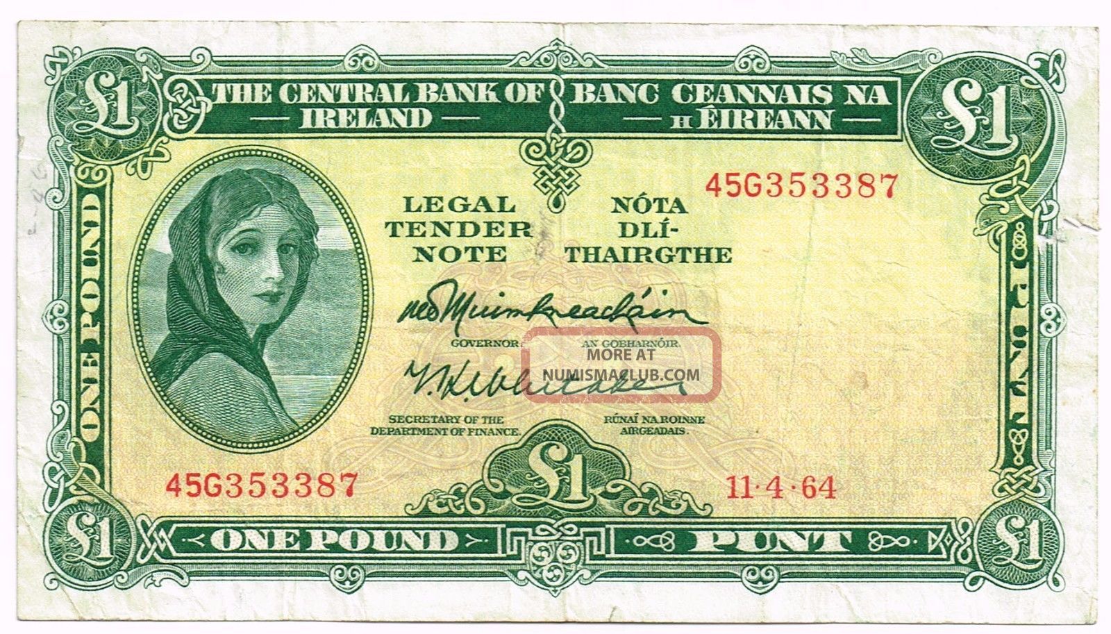 1964 Ireland One Pound Note - P64a Europe photo