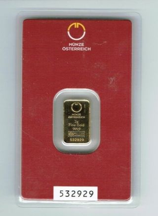 2 Gram Gold Bar - Munze Osterreich - Assay Card -.  999 Fine - Coin Round photo