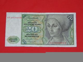 20 Deutschemark German Bank Note 1977 Prefix Gf photo
