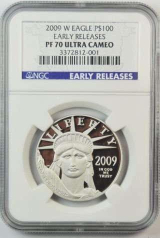 2009 W $100 Platinum Proof American Eagle Ngc Er Pf 70 Uc 1ozt.  9995 photo