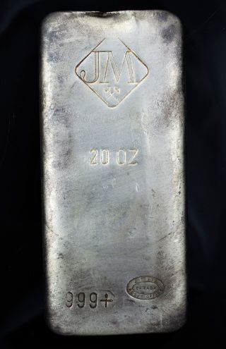 Rare 20 Oz Johnson Matthey.  999 Fine Silver Bar Vintage Poured Jm Rare photo