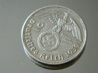 Nazi German 2 Mark 1939a Silver Coin With Swastika (1948) photo