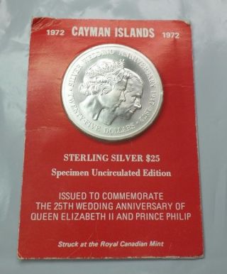 Bu Cayman Islands 1972 Silver Wedding Anniversary Coin - 1.  67 Oz Rcm Ogp photo