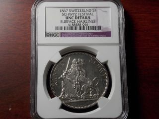 1867 Switzerland 5 Francs Large Silver Coin Ngc Unc Low Mintage photo