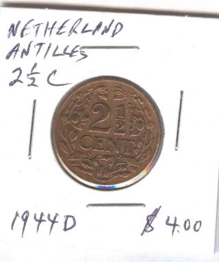 1944 D Netherland Antilles 2 1/2 Cent Coin photo