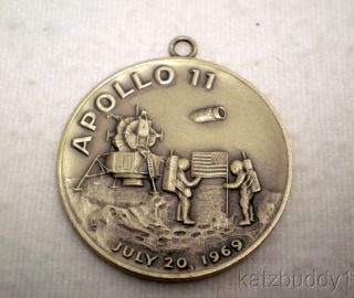 Vintage 1969 Apollo 11 Moon Landing Silver Medal Pendant Necklace 30 photo