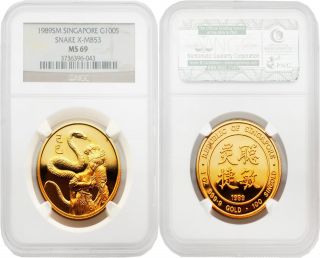 Singapore 1989 Year Of Snake X - Mb53 100 Singold 1 Oz Gold Ngc Ms69 photo