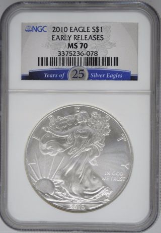 2010 Ngc Ms70 Silver Eagle - Early Releases - 25 Years Of Silver Eagles - 078 photo