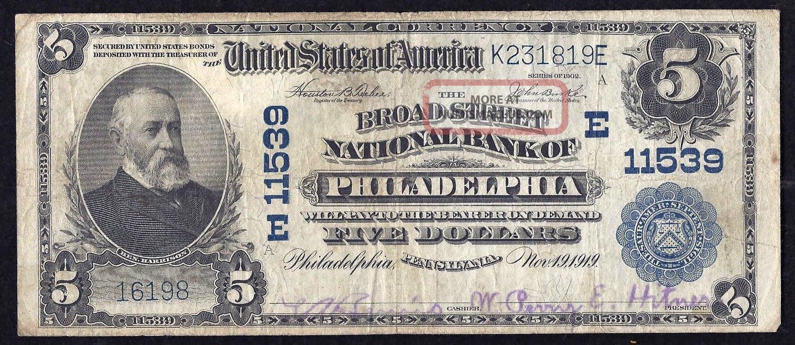 1902 Plain Back $5 Broad Street Nb Philadelphia National Currency Note 11539 Paper Money: US photo
