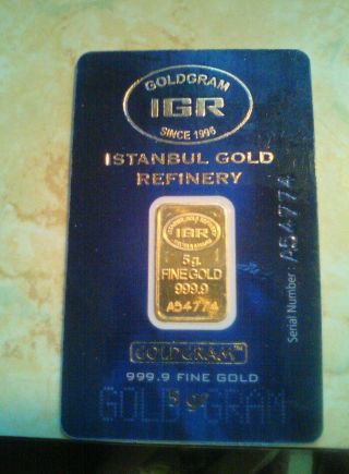 5 G Gram 999.  9 24k Gold Bullion Igr Bar With Certificate photo