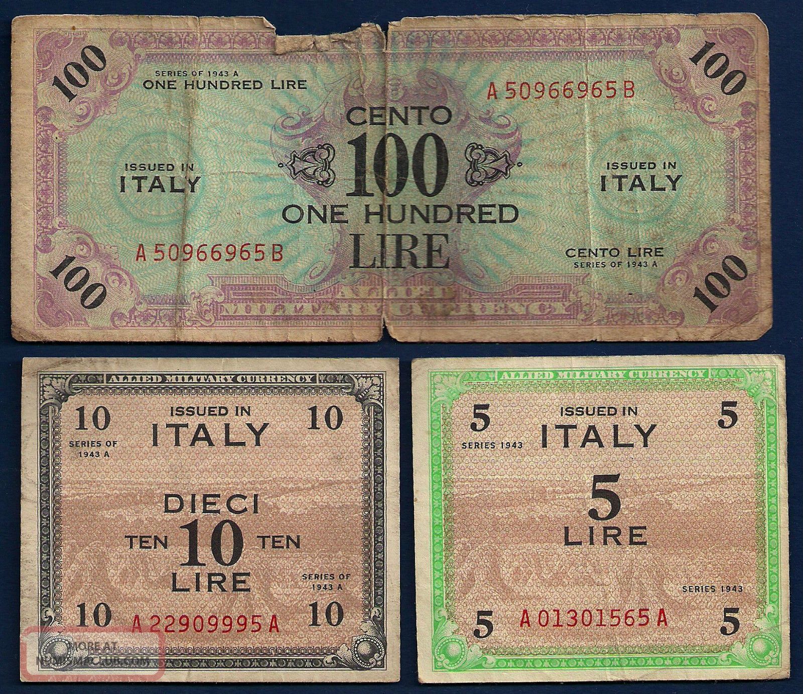 Italy Allied Military 100 & 10 Lire 1943a, 5 L. 1943 Ww2 ...