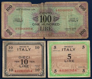 Italy Allied Military 100 & 10 Lire 1943a,  5 L.  1943 Ww2 Era Amc Currency photo