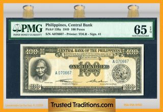 Tt Pk 139a 1949 Philippines 100 Pesos Pmg 65 Epq Gem Uncirculated photo