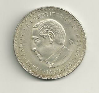 1957 Mexico 5 Pesos - 100th Anniversary Of Constitution - Silver photo