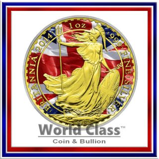 2014 1 Oz.  999 Fine Silver Uk Flag Britannia Coin - 24kt Gold Gilded photo