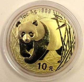 2001 China 10 Yuan Panda 1 Oz.  999 Fine Silver Coin Gold Plated In Capsule N/r photo